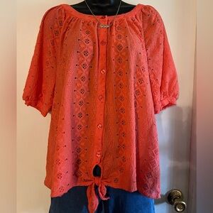 Coral Lace Blouse with Tie Front – Size XL